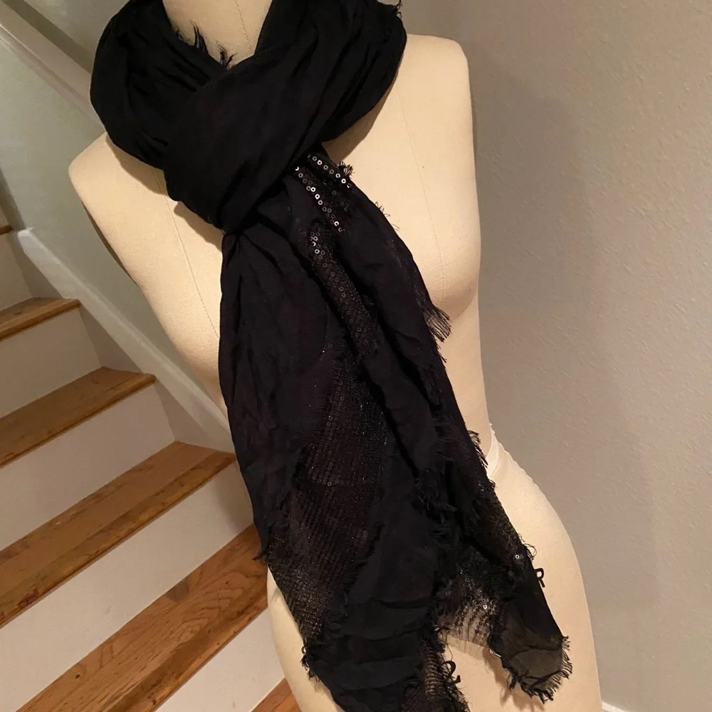 Michael Stars Black Gauzy Sequined Panel Scarf​​​​​​​​​